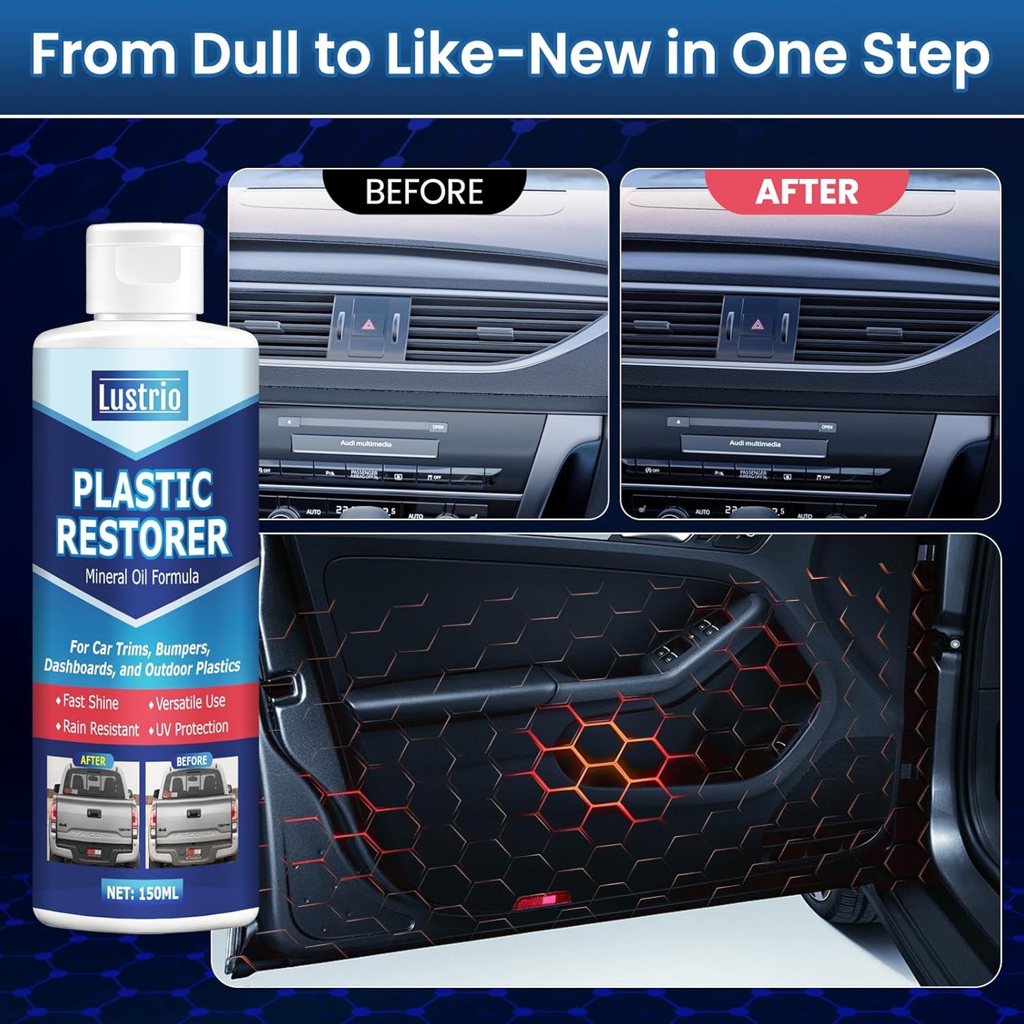 Plastic Restorer Spray for Car Exterior & Interior – 5oz (150ml) Kit with Applicator Sponge – Restores Black Trim, Door Panels, Bumpers & Vinyl Surfaces – Anti-UV, Water-Resistant, No Greasy Residue