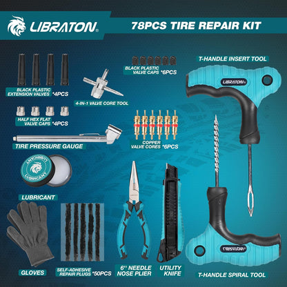 Libraton Tire Repair Kit, 78PCS Tire Plug Kit Heavy Duty Professional Repair Tools to Fix Punctures and Plug Patch Flats, Tubeless Tire Patch Kit for Car, Motorcycle, ATV, SUV, Truck, Tractor, Trailer
