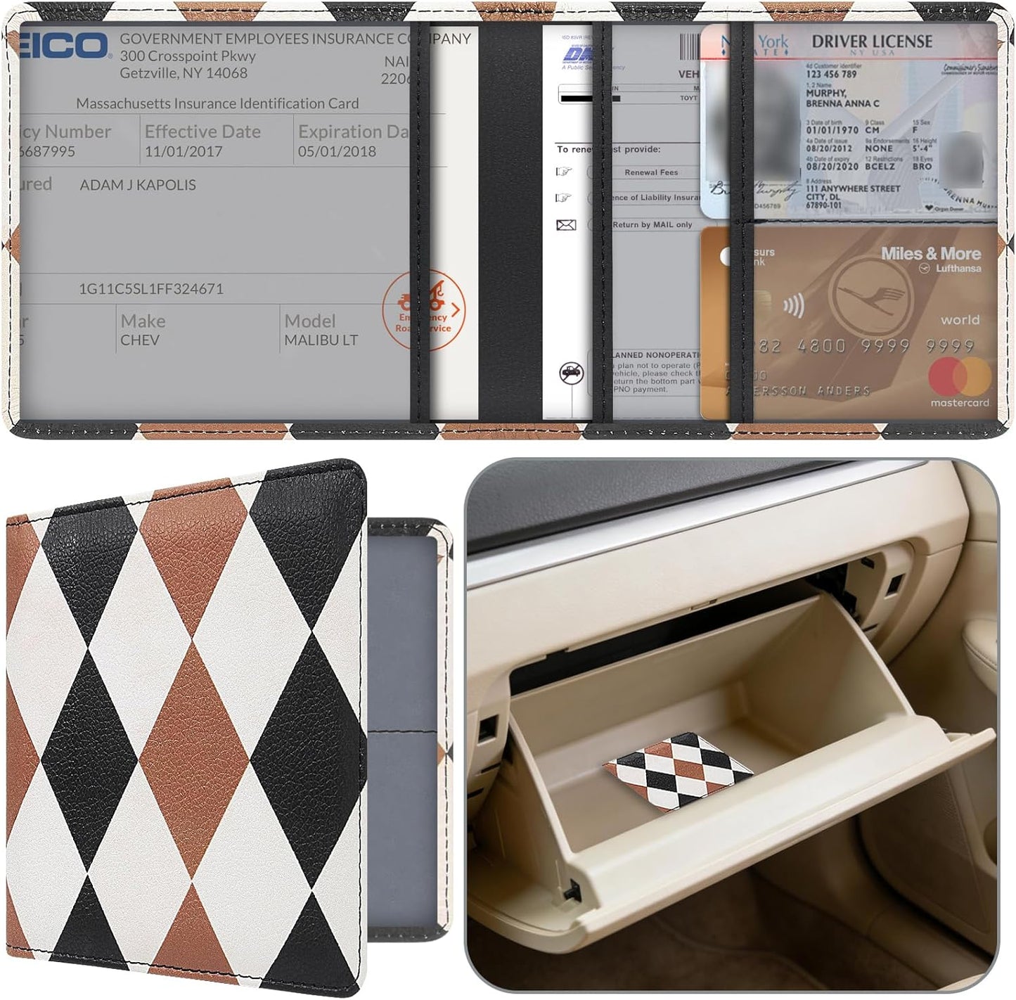 Car Registration and Insurance Holder, Premium Pu Leather Vehicle Glove Box Organizer - for Driver License, Cards & Essential Documents (L-Orange)