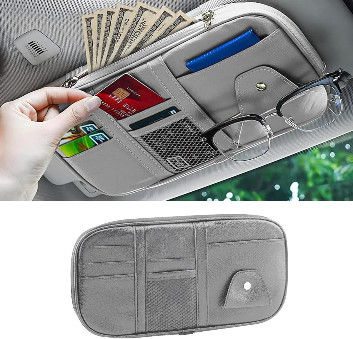 Car Sun Visor Organizer, Sunglass Holder and Storage Pocket, Card Cash Pouch with Multi-Pocket Net Zipper, Case Bag for License Pen Key, Auto Accessories for Truck, SUV, Van (Purple)