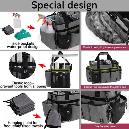 Large Cleaning Caddy Bag Built-in Sturdy Support Board, Cleaning Organizer with Detachable Divider, Cleaning Supply Tote with Adjustable Shoulder Strap&Waist Belt for Cleaners & Housekeeper