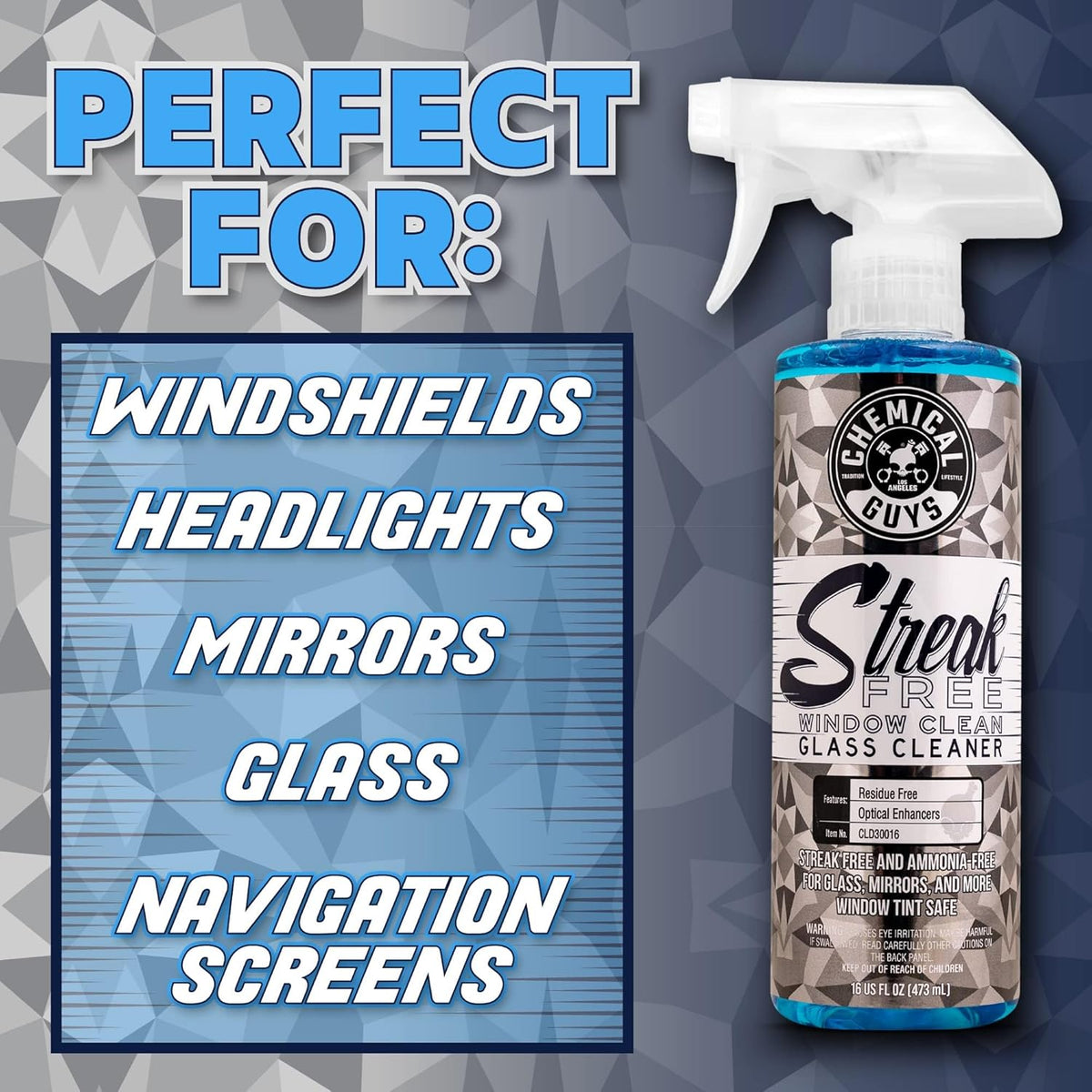 Chemical Guys Streak Free Glass and Window Cleaner - Works on Glass, Windows, Mirrors, and Screens, Ammonia-Free and Safe on Tinted Windows, for Cars, Trucks, SUVs, and Home Use - 16 oz
