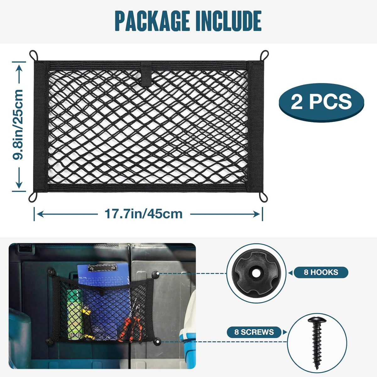 TOBWOLF Universal Mesh Cargo Net With Tape Stickers, 25x40cm / 9.8x15.7in, Elastic Car Storage Net, RV Netting Pocket, Wall Sticker Add-on Pouch Bag for Car Trunk