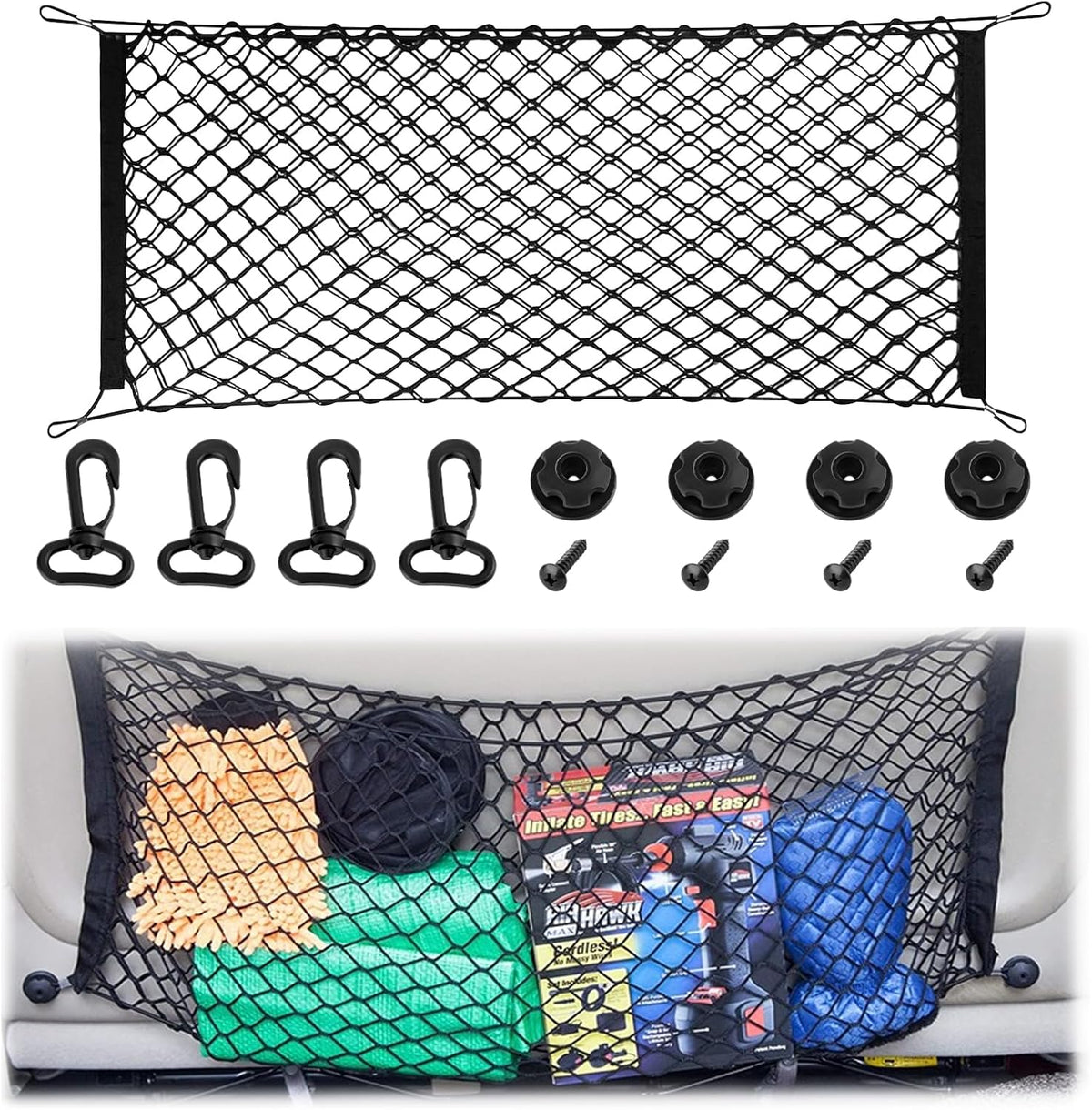 Cargo Net, Premium Dual-Layer Nylon Cargo Net for SUV, Automotive Exterior Accessories, Adjustable Elastic Trunk Net with Hook, Car Accessories for SUV, Truck, Pickup (35.4x15.7 Inch)