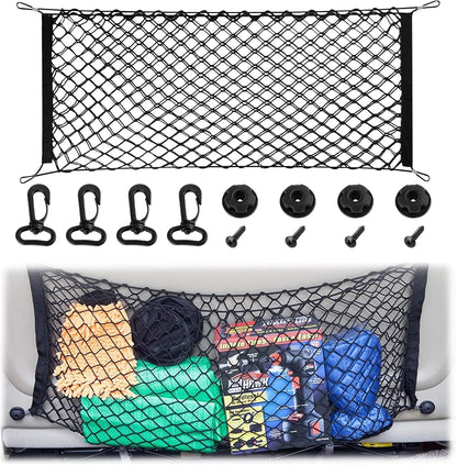 Cargo Net, Premium Dual-Layer Nylon Cargo Net for SUV, Automotive Exterior Accessories, Adjustable Elastic Trunk Net with Hook, Car Accessories for SUV, Truck, Pickup (35.4x15.7 Inch)