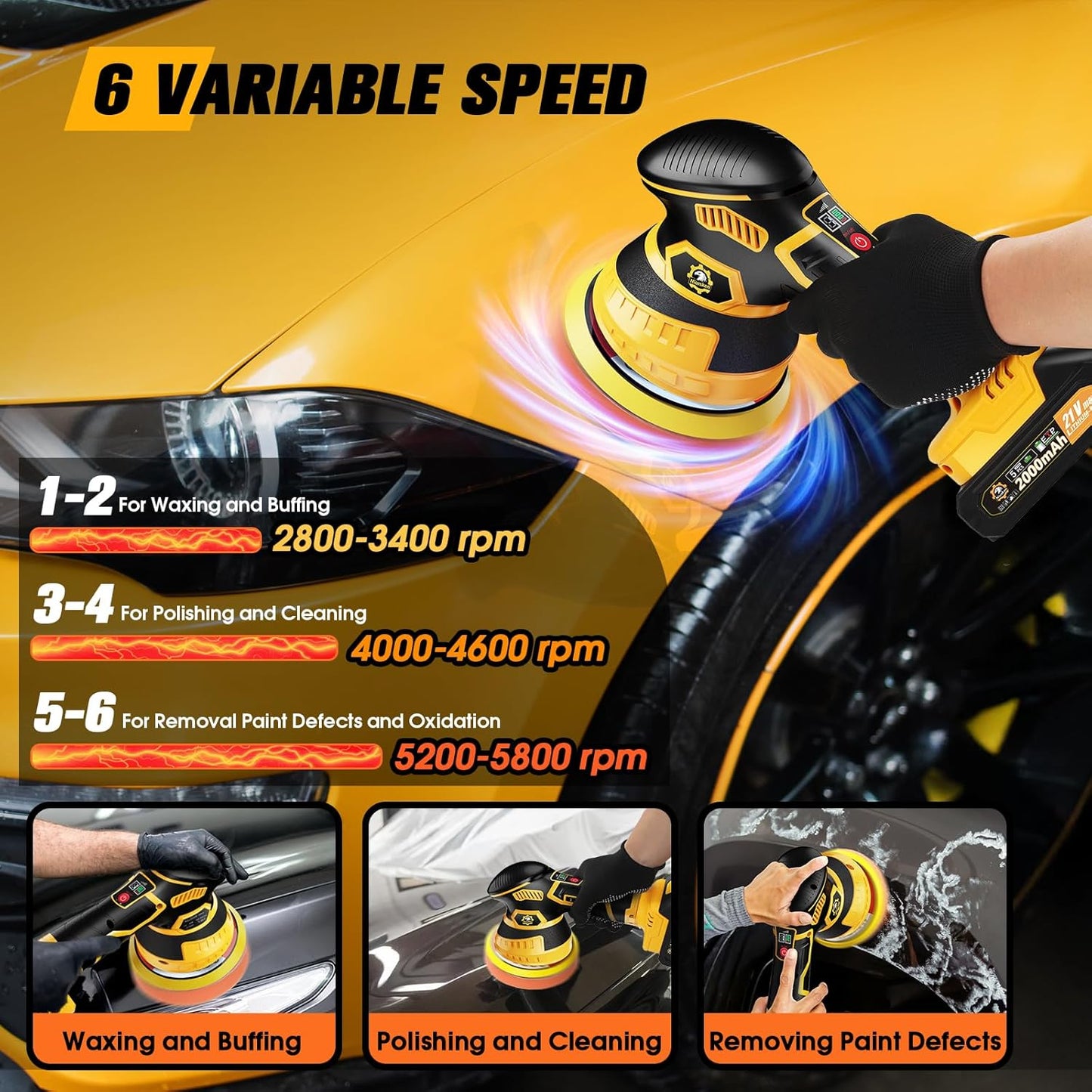 Cordless Car Buffer Polisher kit [2x 2000mAh 21V Batteries & 18 PCS Attachments] 6-Speed Orbital Design, LED Display, Lightweight Detailing Tool for Waxing, Polishing & Scratch Removal-Yellow