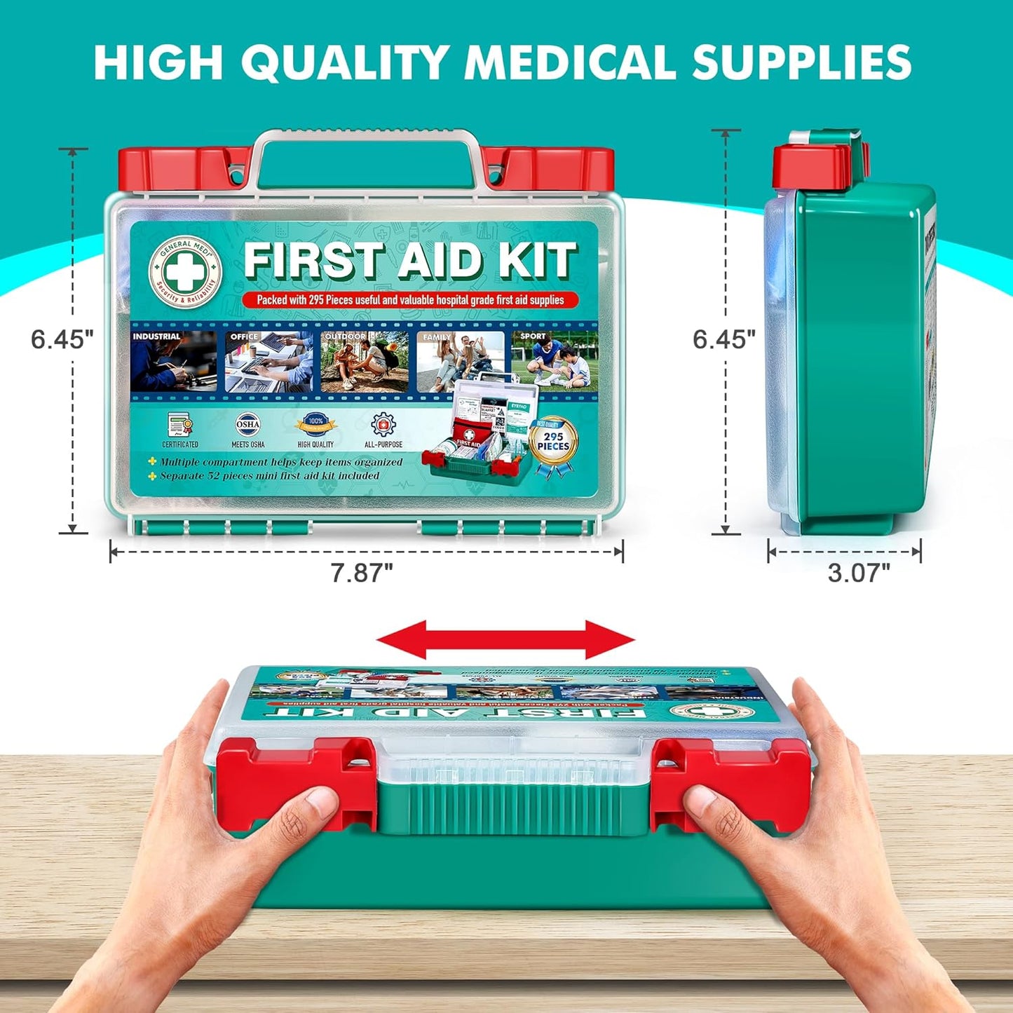 General Medi 110 Pieces Small First Aid Kit - HardCase First Aid Box - Contains Premium Medical Supplies for Travel, Home, Office, Vehicle, Camping, Workplace & Outdoor