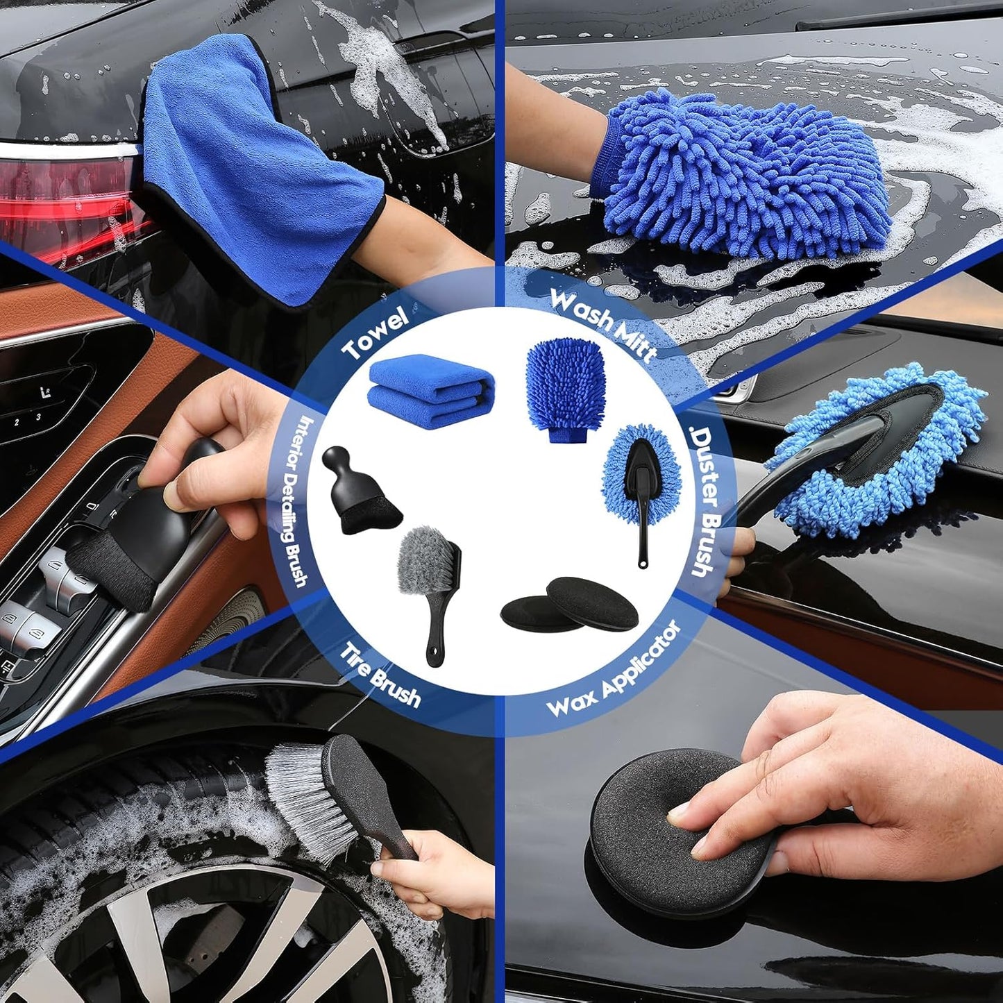 Qydipclin 45Pcs Car Detailing Kit, Car Detailing Brush Set, Car Wash Cleaning Kit, Car Detailing Brushes, Professional Car Care Kit for Interior Exterior Wheels, Blue