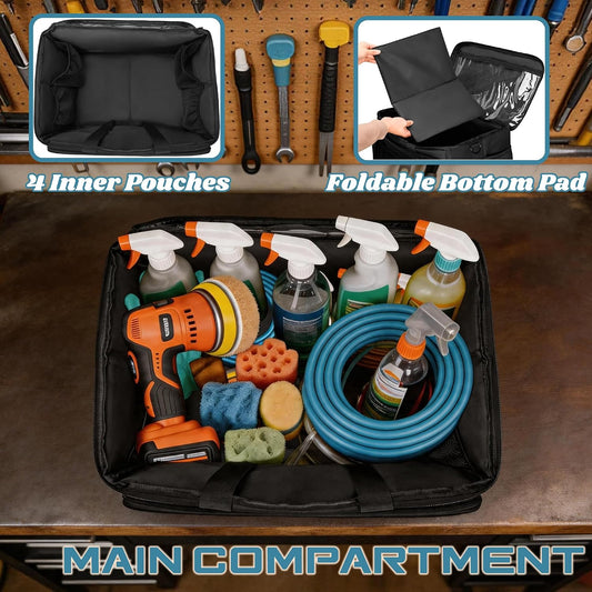 Large Car Detailing Organizer with Hard Pad Support, Car Detailing Bag with Multiple Pockets, Cleaning Bags for Housekeepers, Cleaning Supply Bag, Black