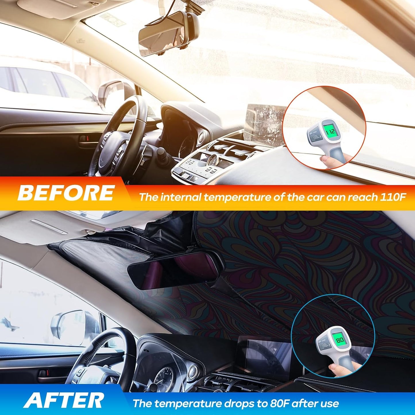 Car Windshield Sun Shade - Reflector Sunshade Offers Ultimate Protection for Car Interior, Cool Reflective Sun Blocker Fits Small Sedans, Mini SUVs