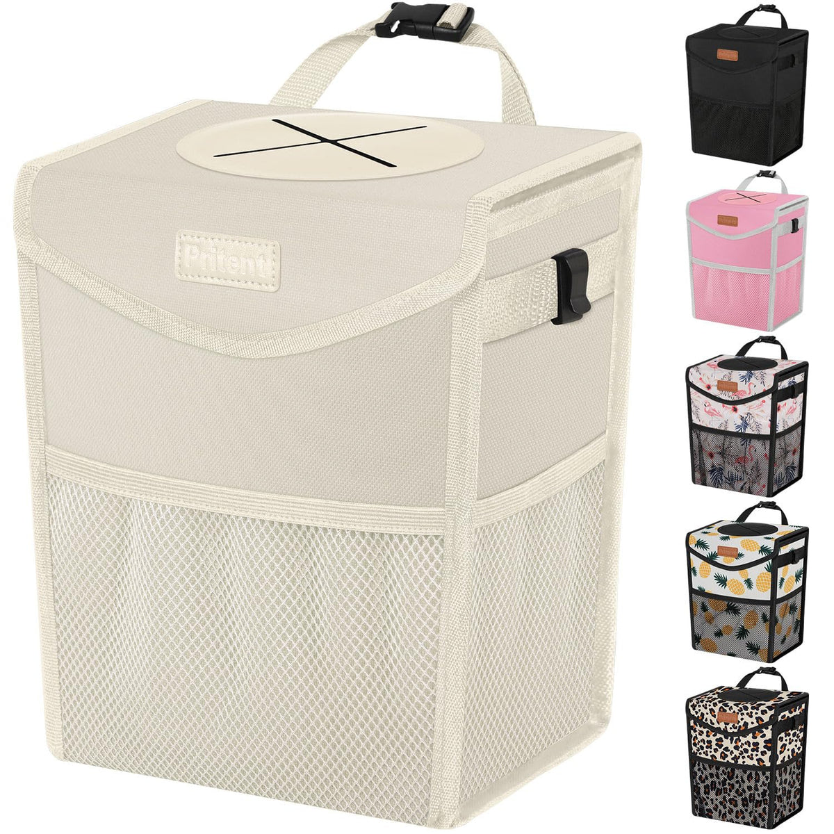 Pritent Car Trash Can with Lid, Cute Leakproof Car Trash Garbage Bag Hanging Vehicle Trash Bin Small Portable Automotive Garbage Cans Organizer for Back/Front Seat/Console(Trapezoid,Black)