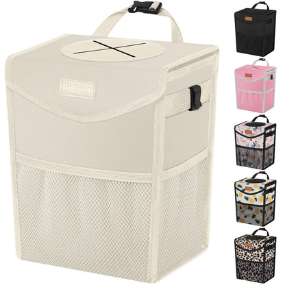 Pritent Car Trash Can with Lid, Cute Leakproof Car Trash Garbage Bag Hanging Vehicle Trash Bin Small Portable Automotive Garbage Cans Organizer for Back/Front Seat/Console(Trapezoid,Black)