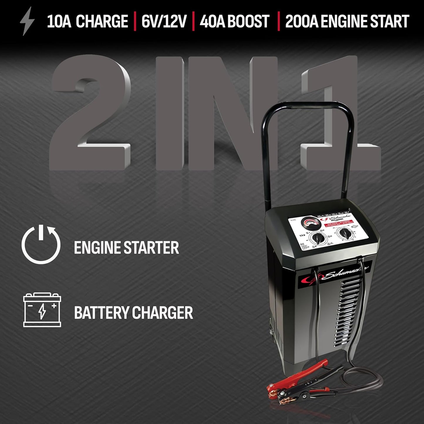 Schumacher Electric Wheeled Manual 10A Car Battery Charger and 250A Engine Starter, 2-in-1 Solution, 50A Boost, for 6V/12V Power Sport, Automotive, and Marine Batteries, SC1445