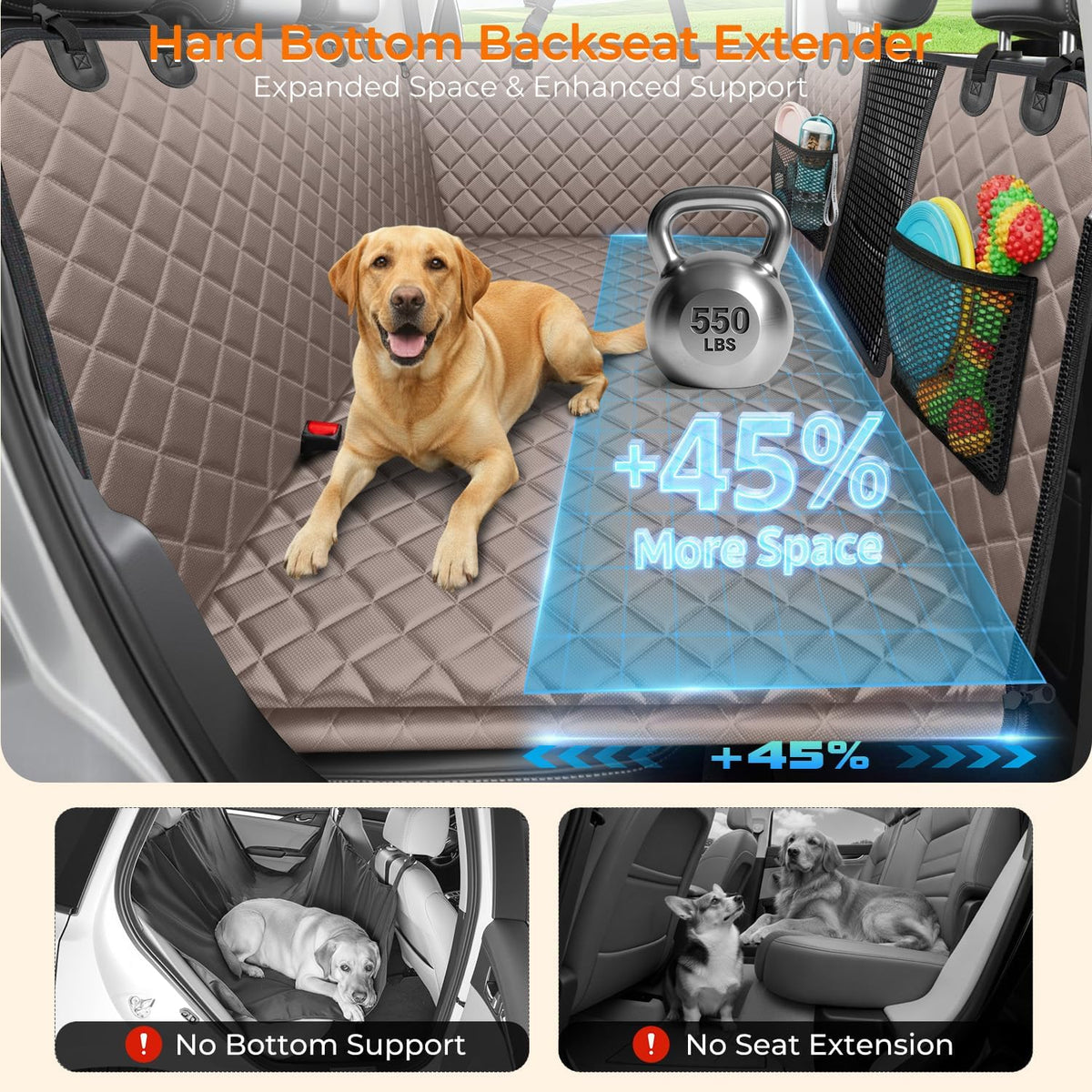 URPOWER 2026 Upgraded Back Seat Extender for Dogs - Large Hard Bottom Dog Car Seat Cover Holds 550lbs, Waterproof Dog Hammock Pet Bed with High-Density Foam Non-Slip Backseat Protector