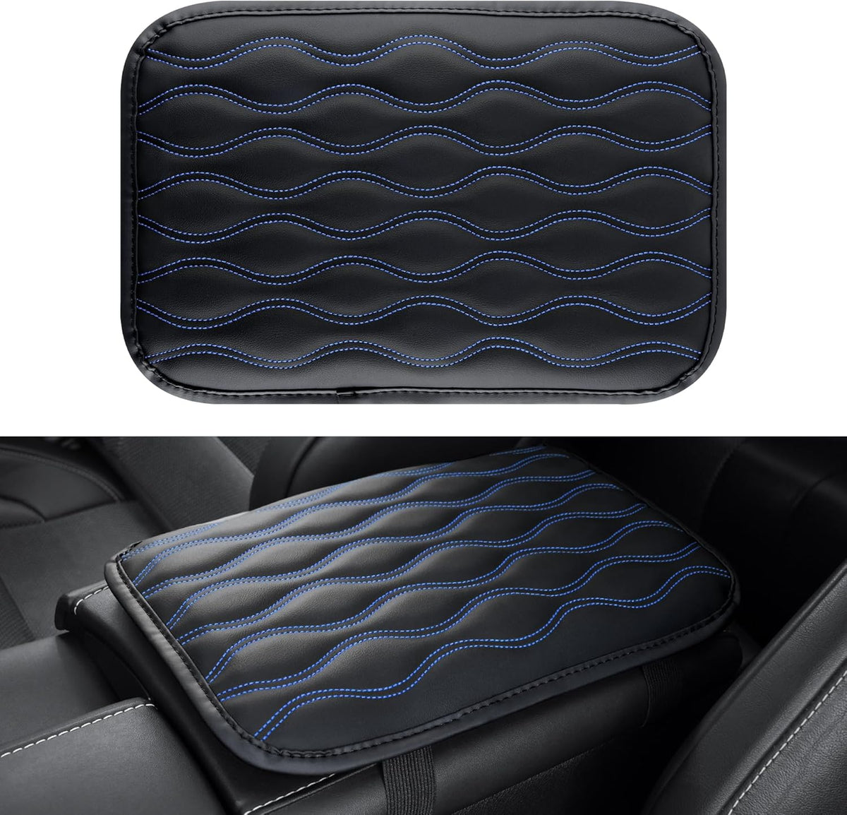Amiss Car Center Console Cover, Upgraded Leather Car Armrest Cushion with 2 Storage Pockets, Universal Waterproof Cushion Pad, Non-Slip Car Interior Accessories, Fits Most Sedans SUVs Trucks (Black)