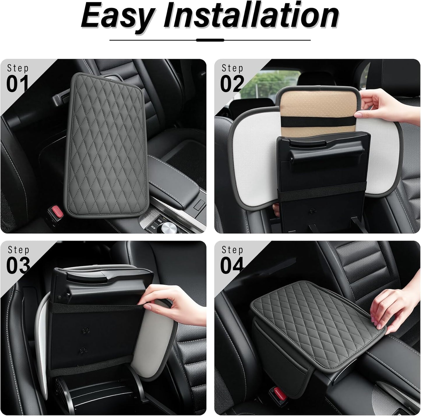 Amiss Car Center Console Cover, Upgraded Leather Car Armrest Cushion with 2 Storage Pockets, Universal Waterproof Cushion Pad, Non-Slip Car Interior Accessories, Fits Most Sedans SUVs Trucks (Black)