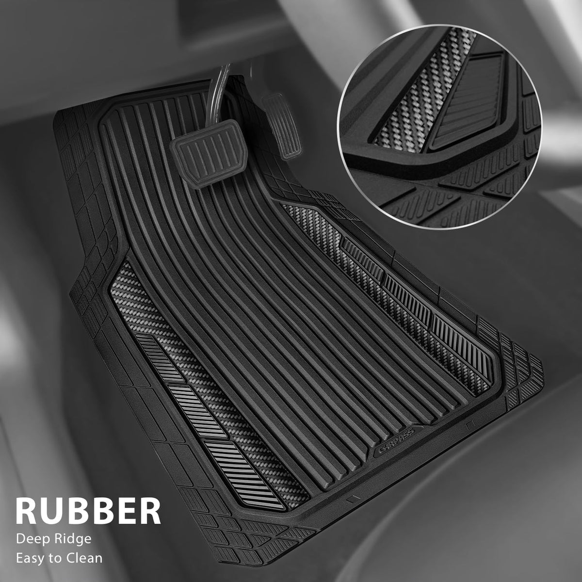 CAR PASS Heavy Duty Rubber Car Mats Metallic, Aluminum Film All Weather Floor Mats Waterproof Universal Trim to Fit Automotive SUV Sedan Van 4 Piece Anodized Deep Dish Two-Tone Sporty Black Red Chrome