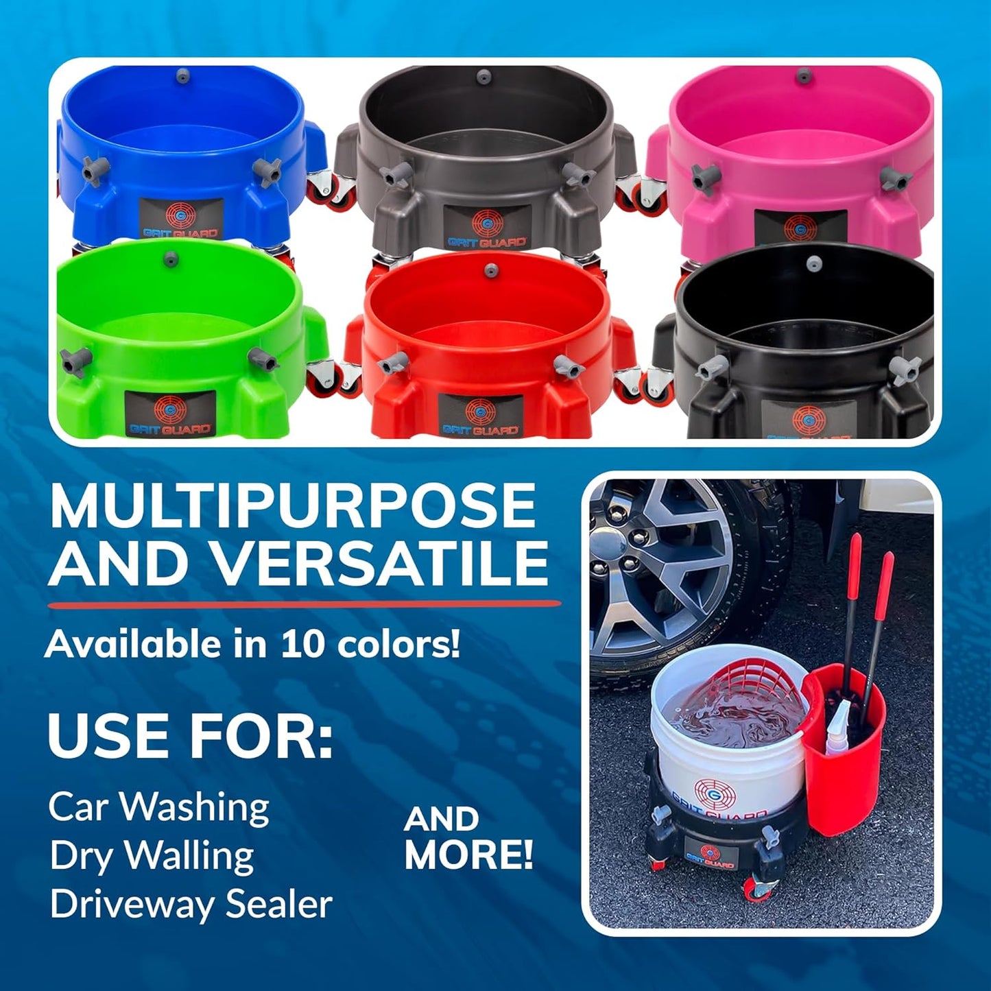 GRIT GUARD Bucket Dolly with Wheels - Rolling Detailing Wash Bucket with 5 Wheels and 2 Locking Casters Compatible with 2.5, 4, 5 and 6 Gallon Buckets (Black, 2" Red Casters) - Made in the USA