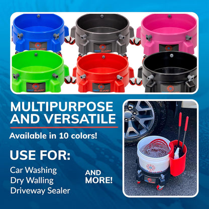 GRIT Guard Bucket Dolly with Wheels - Rolling Detailing Wash Bucket with 5 Wheels and 2 Locking Casters Compatible with 2.5, 4, 5 and 6 Gallon Buckets (Black, 2" Red Casters) - Made in the USA