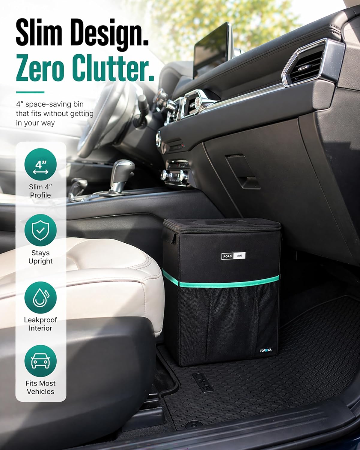 RoadBin™ Car Trash Can – Slim 4" 2.5 Gallon Space-Saving Design, Stays Upright, Leakproof & Odor-Proof Car Garbage Can for Clean, Clutter-Free Cars, Trucks & SUVs
