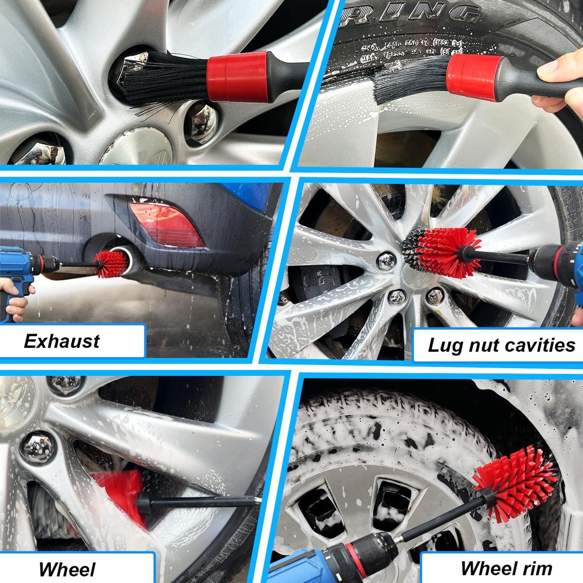 Wheel Brush Kit, Soft Drill Wheel Cleaner Brush, No Scratches Highly Dense Car Cleaning Brush Set for Wheels, Rims, Engines, Exhaust(Red/Black,2Pcs)