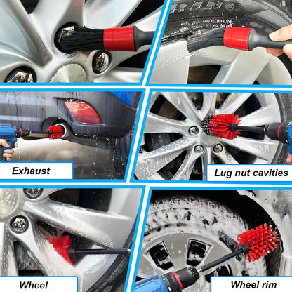 Wheel Brush Kit, Soft Drill Wheel Cleaner Brush, No Scratches Highly Dense Car Cleaning Brush Set for Wheels, Rims, Engines, Exhaust(Red/Black,2Pcs)
