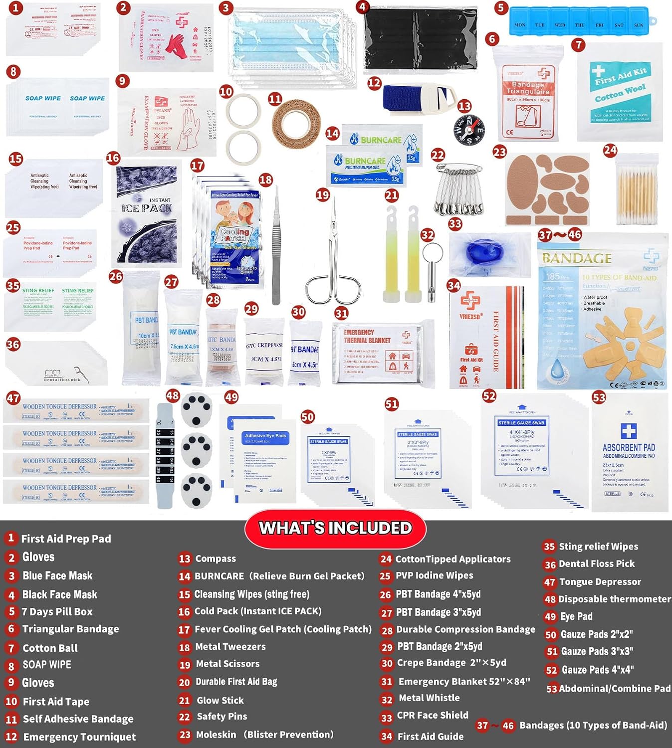 VRIEXSD 400 Piece Large First Aid Kit Premium Emergency Kits for Home, Office, Car, Outdoor, Hiking, Travel, Camping, Survival Medical First Aid Bag, Red