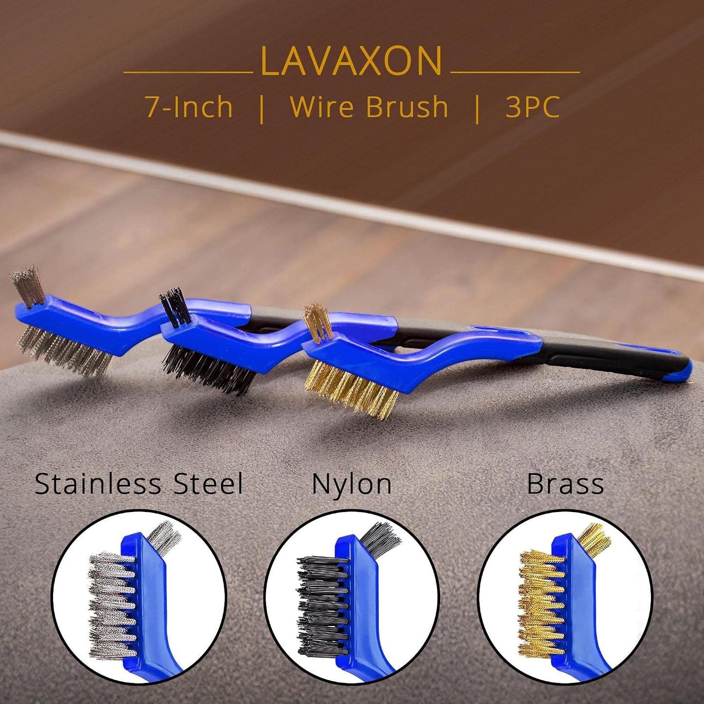 Lavaxon Wire Brush Set 3Pcs - Nylon/Brass/Stainless Steel Bristles with Curved Handle Grip for Rust, Dirt & Paint Scrubbing with Deep Cleaning – 7 Inches (Red)