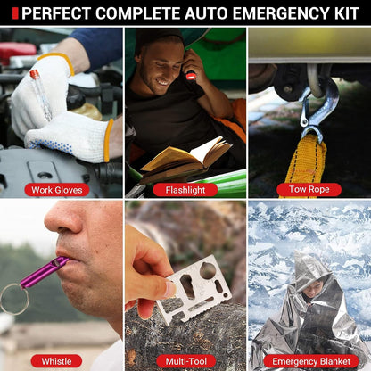 Car Emergency Kit with Jumper Cables, Roadside Safety Emergency Car Kit for Vehicle Truck Motorcycle - Gifts for Men Women Teenagers, Easy Storage(Black)
