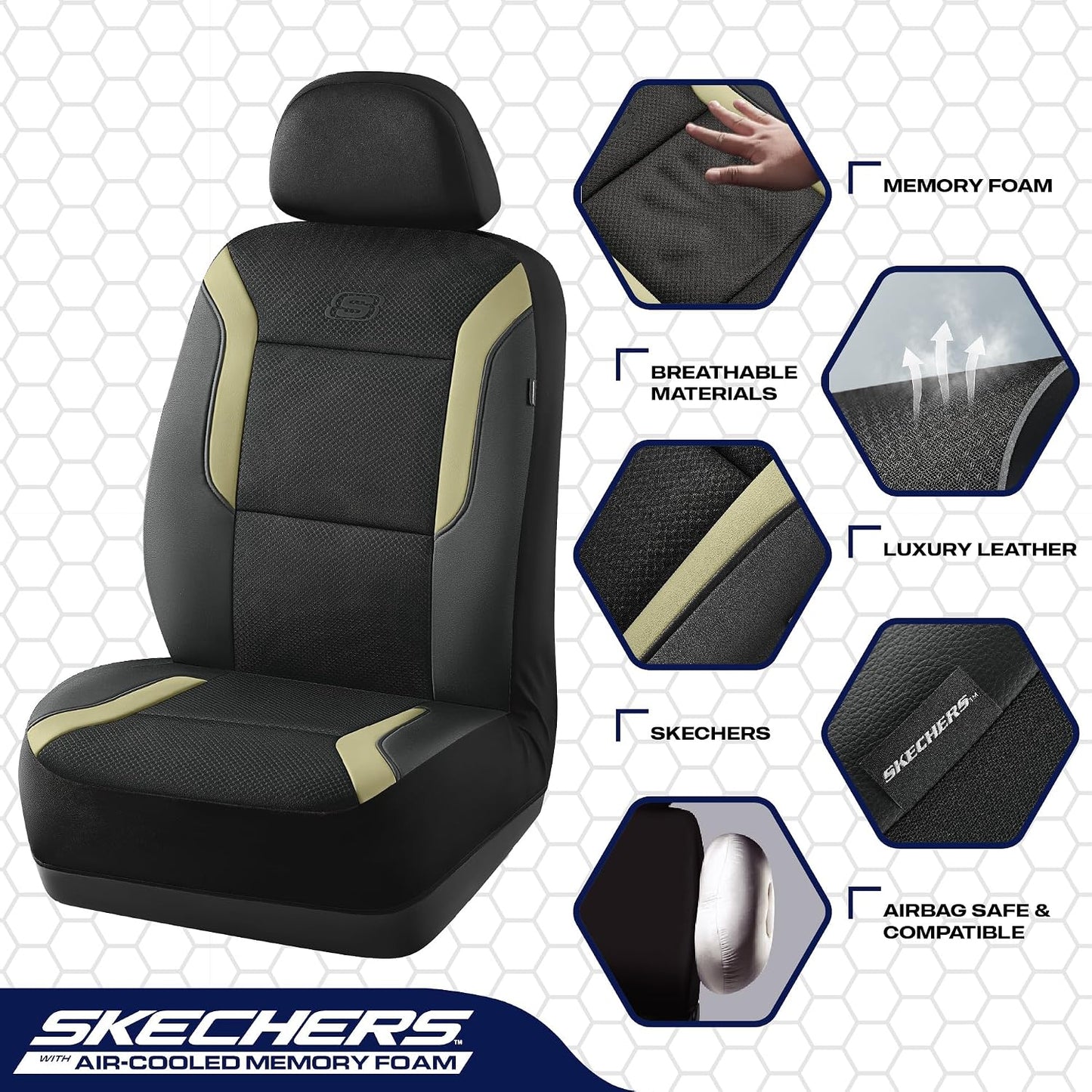 Skechers Memory Foam Seat Covers, Air Cool Mesh Thick Car Seat Covers, Car Seat Covers Front Seats Airbag Compatible, Universal Automotive Comfort for Most Cars, Vans, Trucks, SUV,Black