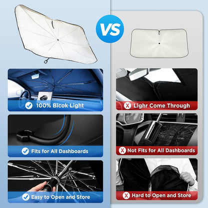 2026 Upgraded Windshield Sun Shade Umbrella [7-Layer Vinyl Coating Heat Shield] Foldable Front Window Sunshade Umbrella Flexible Handle Protect Interior from UV Keep Car Cooler (57" x 31")