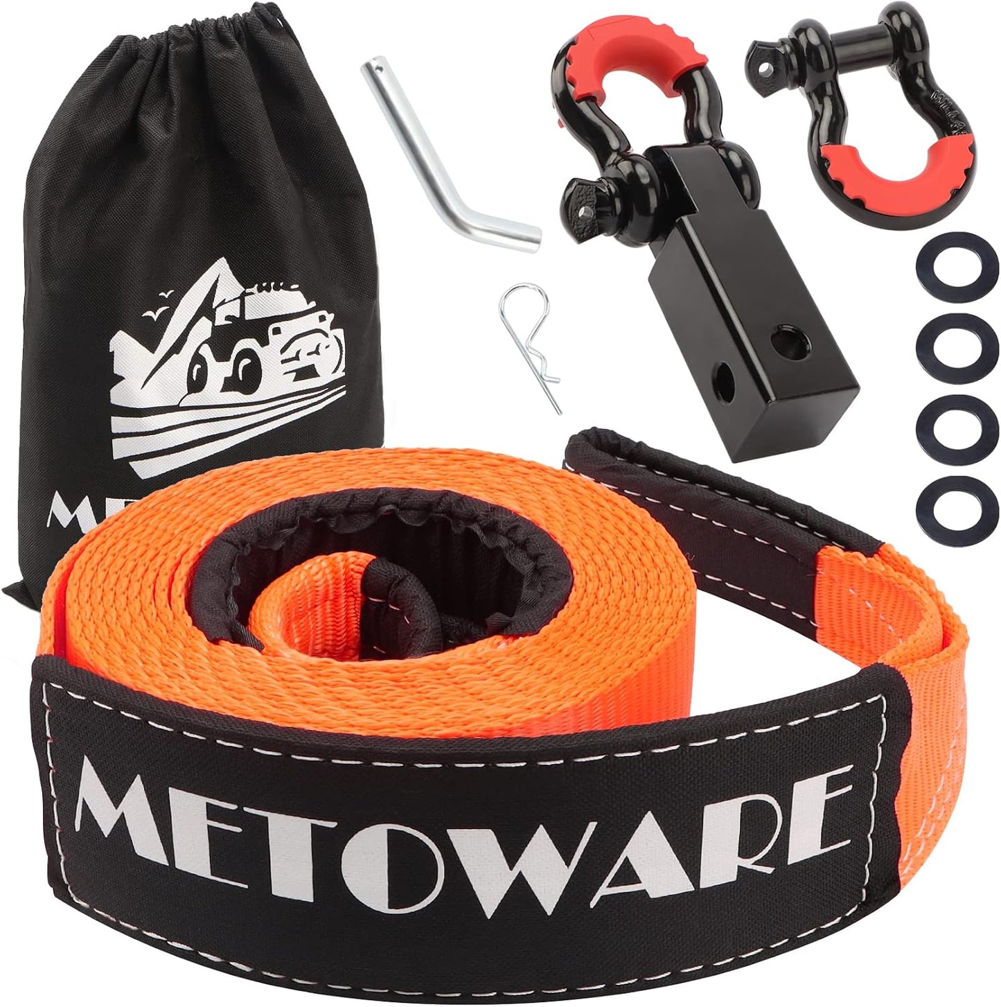 METOWARE Recovery Tow Strap Kit 3" x 20ft, Heavy Duty Recovery Strap 35,000lbs Break Strength with 3/4" D Ring Shackles(2pcs) & Storage Bag, Emergency Off Road Towing Rope for SUV, UTV, ATV, Truck