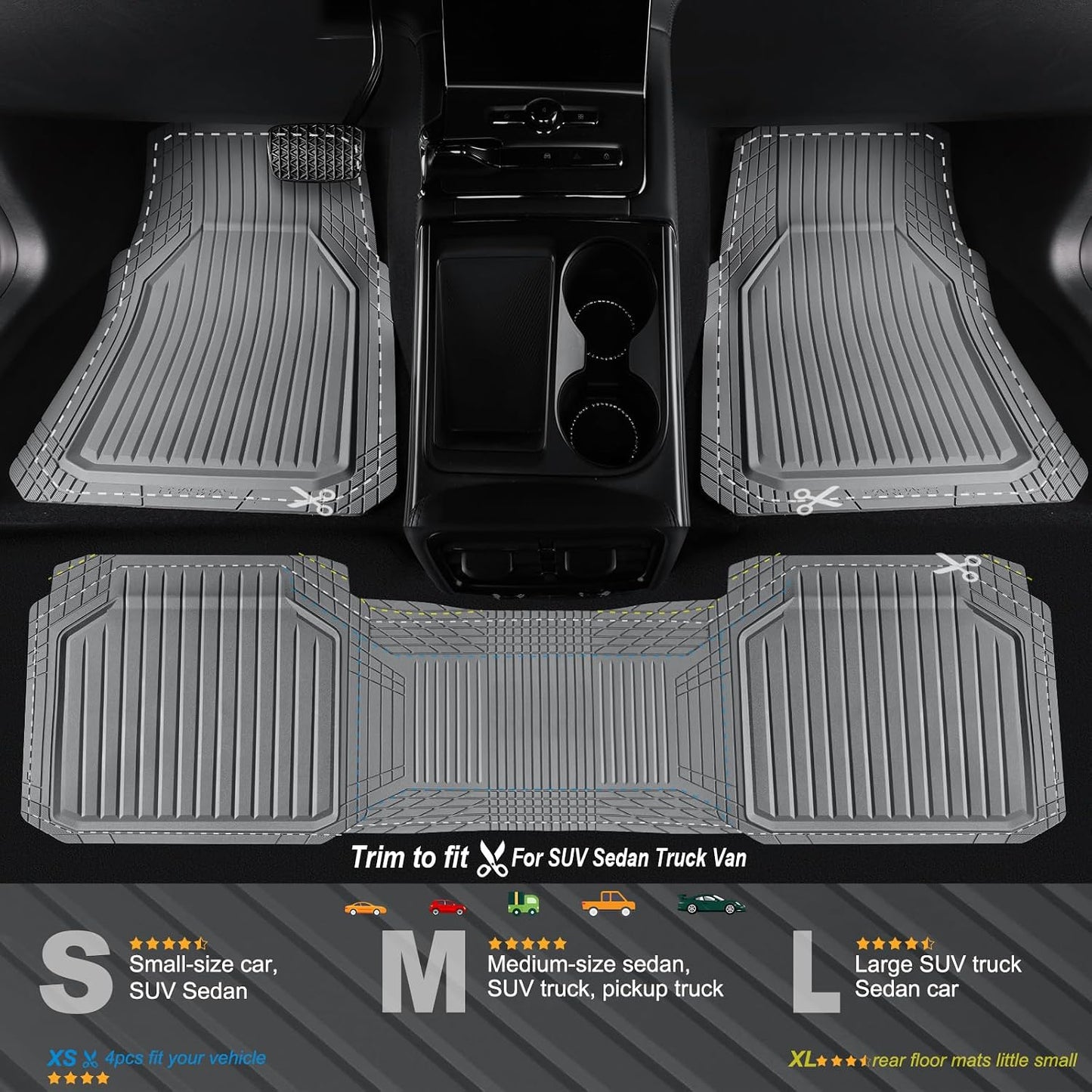 CAR PASS Heavy Duty Rubber Floor Mats for Car, Waterproof Liner Deep Dish Car Mats Full Sets, Universal Trim to Fit for SUV Truck Sedans Vans, All Weather Automotive Floor Mats 3pcs, Solid Black