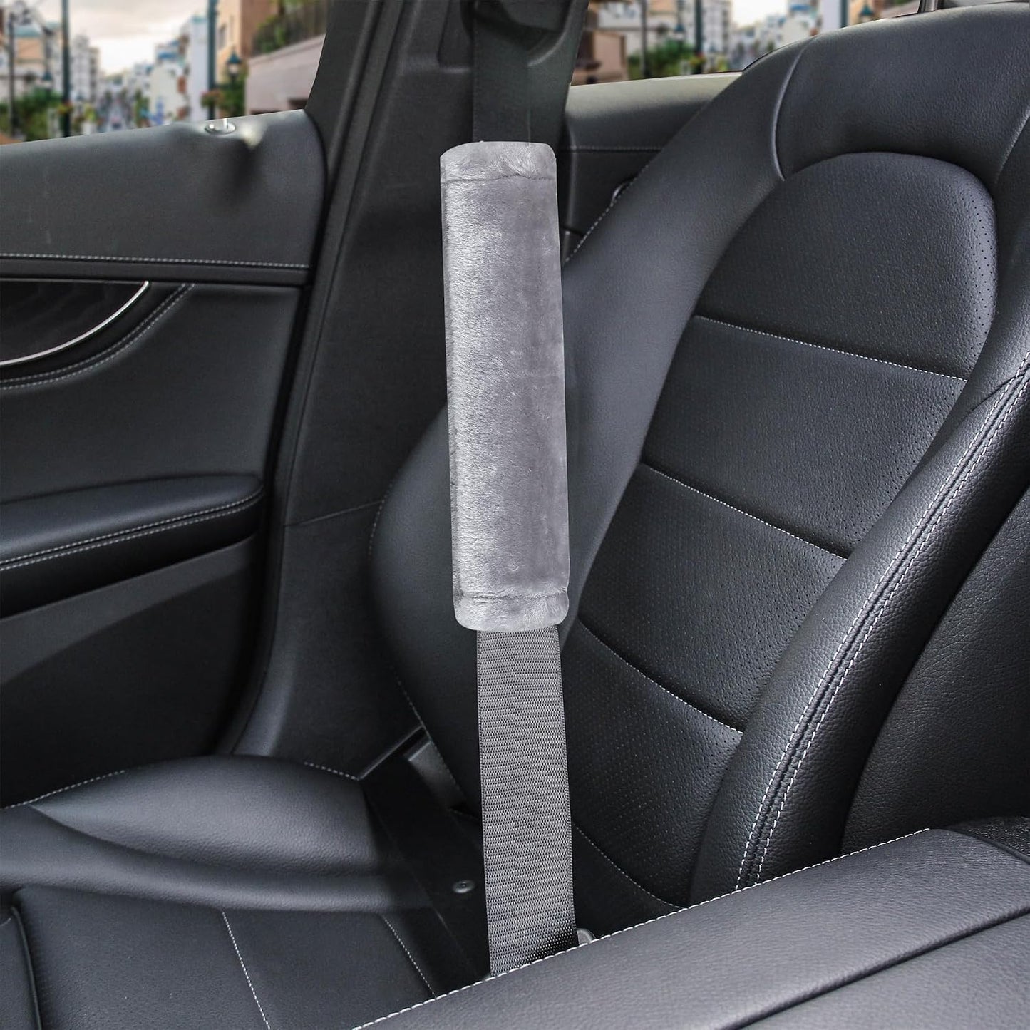 Amooca Soft Faux Fur Universal Fit Seatbelt Cover Car Truck SUV Airplane Seat Belt Shoulder Pad for Carmera Backpack Straps Neck Cushion Protector 2 Pack 10.5in Dark Gray