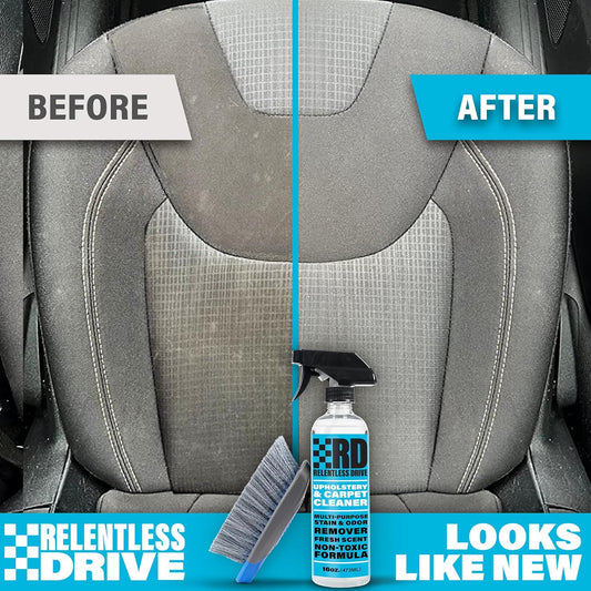 Relentless Drive Car Upholstery & Carpet Cleaner – Professional Interior Seat Cleaner for Fabric, Floor Mats & Auto Upholstery, Safe for All Cars, Kit with Heavy Duty Brush (16oz)