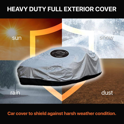 Heavy Duty Outdoor Car Cover with Patented Weighted Ground Conforming Apron Seal – Wind Resistant, Dust, & Water Protection for Automobiles - Sports Size 189 L x 75 W x 67 H inch Max