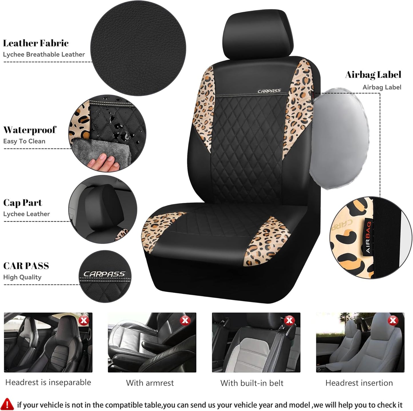 CAR PASS Waterproof Universal Car Floor Mats, Leopard Print Car Mats Fit for SUV,Vans,sedans, Trucks,Set of 4pcs Car Carpet with Driver Heel Pad and Nibs Backing, Leopard Car Accessories Gray Leopard