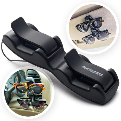 Superior Essentials Sunglass Holder for Car Visor - Eyeglass Car Mount with Double-Ends Sunglasses Holder Organizer, Universal Car Sunglass Holder Clip, Suitable for All Size Eyeglasses (2 Pack Black