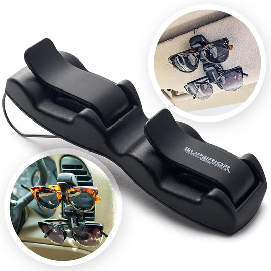 Superior Essentials Sunglass Holder for Car Visor - Eyeglass Car Mount with Double-Ends Sunglasses Holder Organizer, Universal Car Sunglass Holder Clip, Suitable for All Size Eyeglasses (2 Pack Black