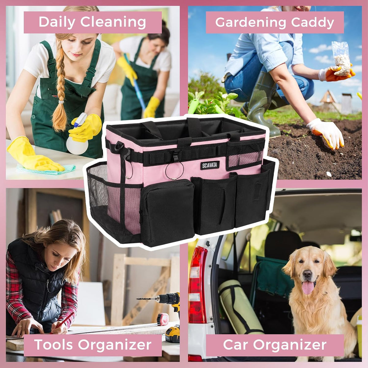 SCAVATA Wearable Cleaning Caddy Bag, Supplies Organizer with Handle & Shoulder Straps for Housekeepers, Under Sink & Car Cleaning Tool Organizer with 4 Foldable Dividers (Black)