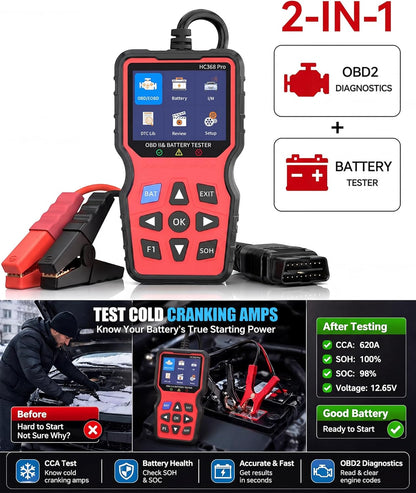 Easy to Use 2-in-1 OBD2 Scanner with Battery Tester: 1S Read & Clear Check Engine Codes + Test Battery in Mins - DIY Car Diagnostic Tool with Cold Cranking Amps for Pre-Trip Safety on 1996+ Vehicles