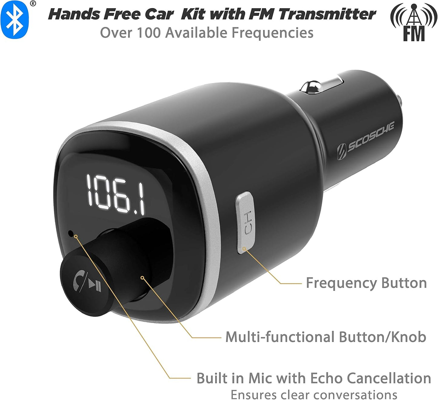 Scosche BTFM4-SP1 BTFREQ Universal Bluetooth Handsfree Car Kit with FM Transmitter and Dual USB Ports, Black