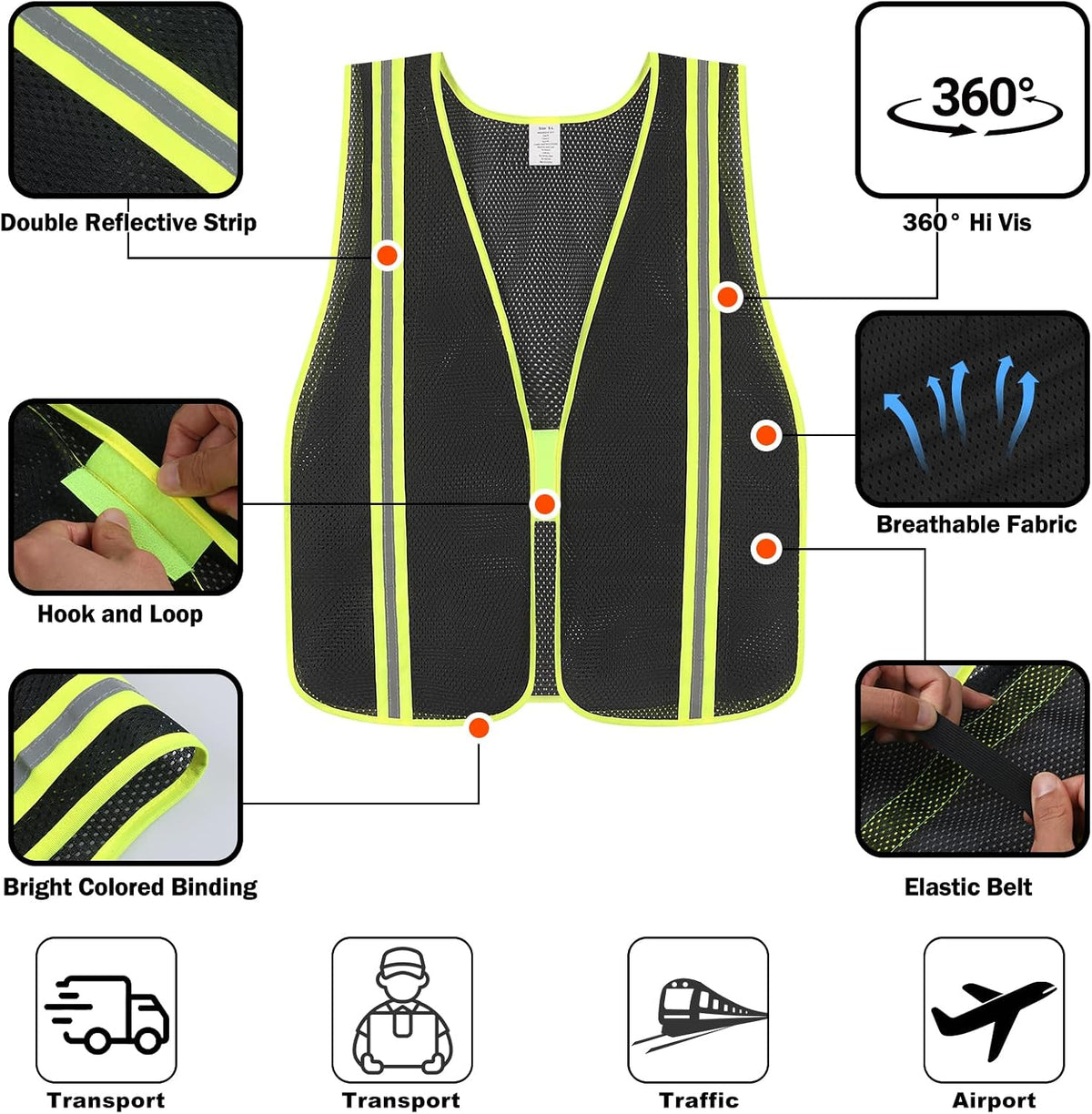 High Visibility Reflective Safety Vest for Men Women Class 2 Hi Vis Mesh Fabric Safety Work Jacket with Elastic Band
