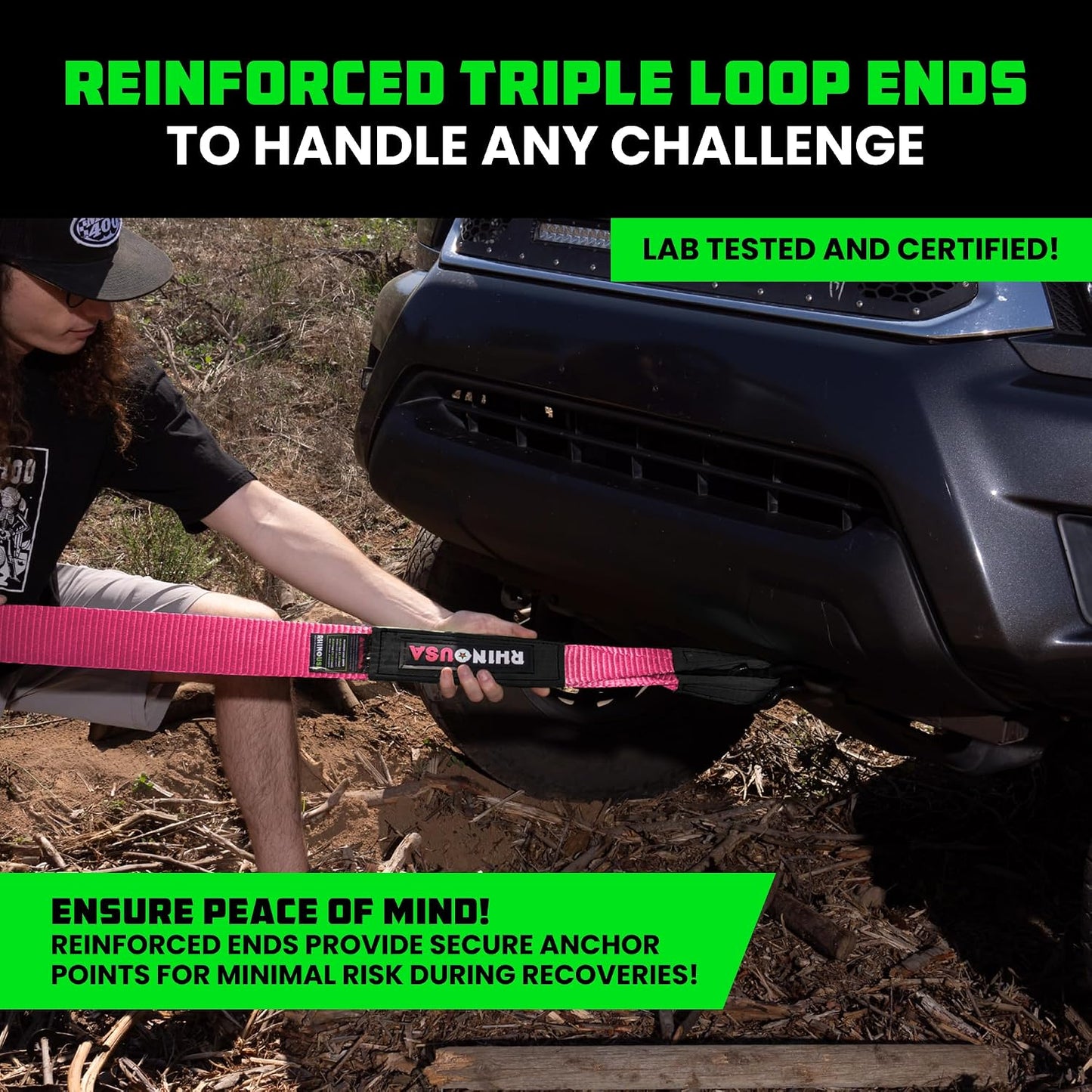 Rhino USA Recovery Tow Strap (3" x 20') - 31,518lb Break Strength - Emergency Recovery Strap Tow Rope for Truck, UTV, ATV & More - Heavy Duty Towing Strap for Offroad 4x4 Use - Compatible with Jeep