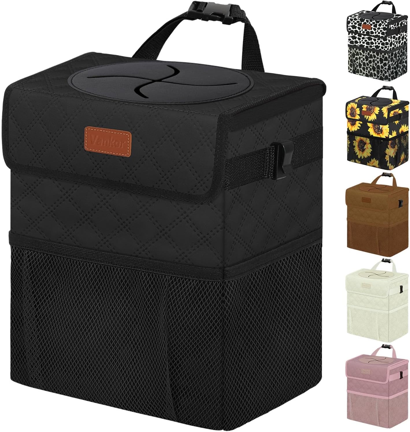 Vankor Car Trash Can Bin with Lid Hanging for Back Seat, Car Accessories for Women Men Leak Proof Automotive Garbage Cans Leakproof Vehicle Trash Can for Truck SUV Black