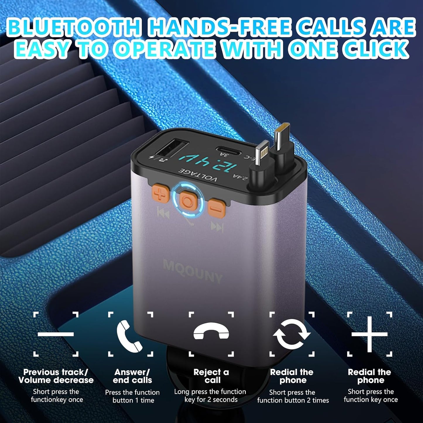 Retractable Car Charger,5 in 1 Fast Cars Phone Charger 60w,Bluetooth 5.3 FM Transmitter Adapter,Handsfree Call,MP3 Player,2 Retractable Cables and USB Chargers, for Phone,Galaxy,Pixel (Black)