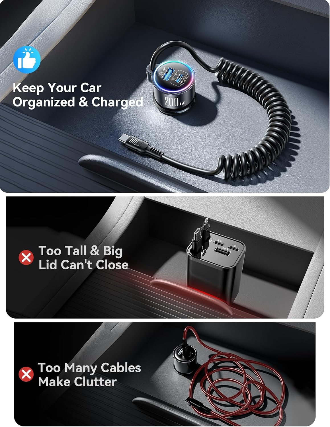 200W Car Charger USB C Fast Charge, PD100W Fast Car Charger Type C, PD3.0/QC4.0/PPS Cigarette Lighter Phone Adapter for iPhone 17 16 15 ProMax, MacBook Pro Air Laptop, Samsung S26/S25, Pixel, iPad Pro