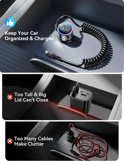 200W Car Charger USB C Fast Charge, PD100W Fast Car Charger Type C, PD3.0/QC4.0/PPS Cigarette Lighter Phone Adapter for iPhone 17 16 15 ProMax, MacBook Pro Air Laptop, Samsung S26/S25, Pixel, iPad Pro