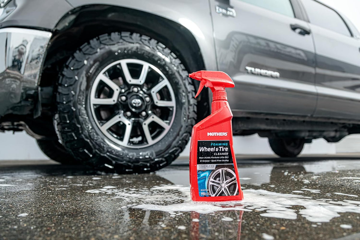Mothers Foaming Wheel & Tire Cleaner, 24 oz. – Foaming Action Lifts Brake Dust & Grime, Safe for Factory-Coated Wheels, Restores, Cleans, Finishes Fast, Spot-Free Rinse (05924)