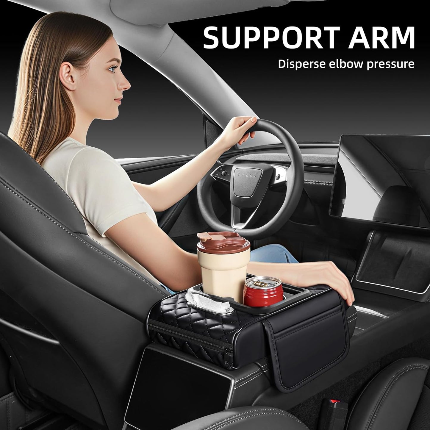 5 in 1 Car Center Console Cover, Armrest Pad with 2 Storage Pockets, Cup Holder, Tissue Slot, Phone Holder, Nappa Leather Memory Foam Car Accessories for SUV Sedan Truck (Black)